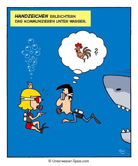 Cartoon Tauchen Taucher Tauchsport Scuba Unterwasser Handzeichen Hai