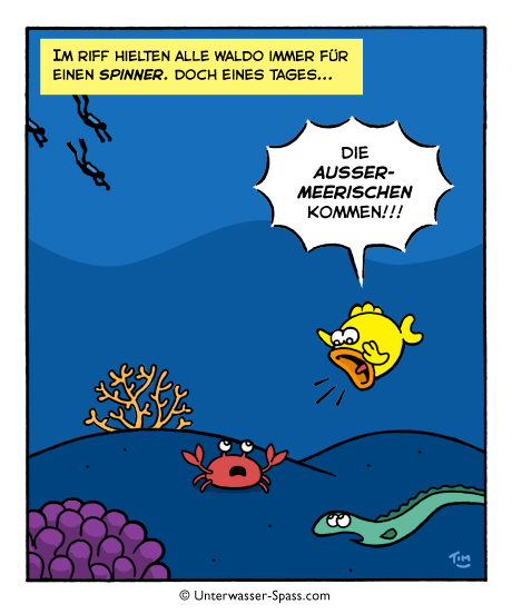 Cartoon Tauchen Taucher Tauchsport Scuba Unterwasser Riff Meeresbewohner Verschwoerungstheorie Aliens Aal Krebs